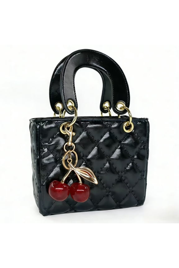 Quilted Top Handle Satchel for Women, Black Patent Leather Handbag with Cherry Charm, Fashion Crossbody Purse for Daily or Party Use