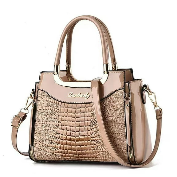 PORT&LOTUS Medium Beige Glossy PU Leather Crocodile Pattern Crossbody Bag for Women Top Handle Purses for Women with Adjustable Shoulder Strap For Shopping Office Travel.