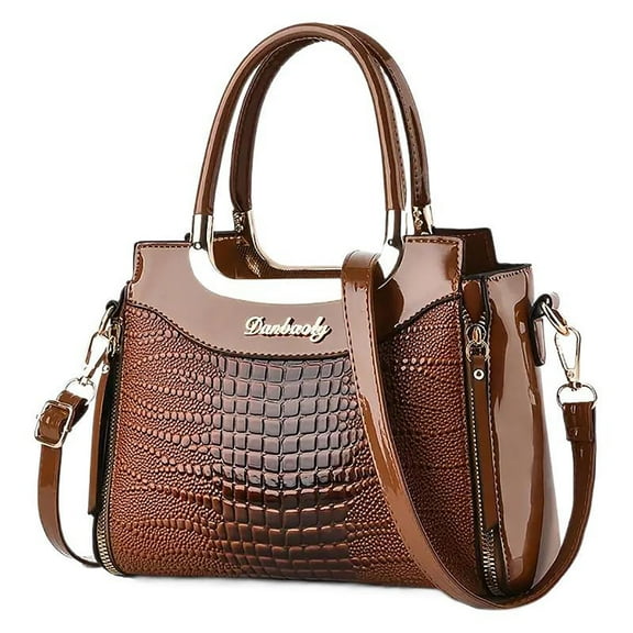 PORT&LOTUS Small Brown Compact Glossy Crocodile Pattern PU Leather Crossbody Bag for Women Top Handle Purses for Women with Adjustable Shoulder Strap For Shopping Office Travel