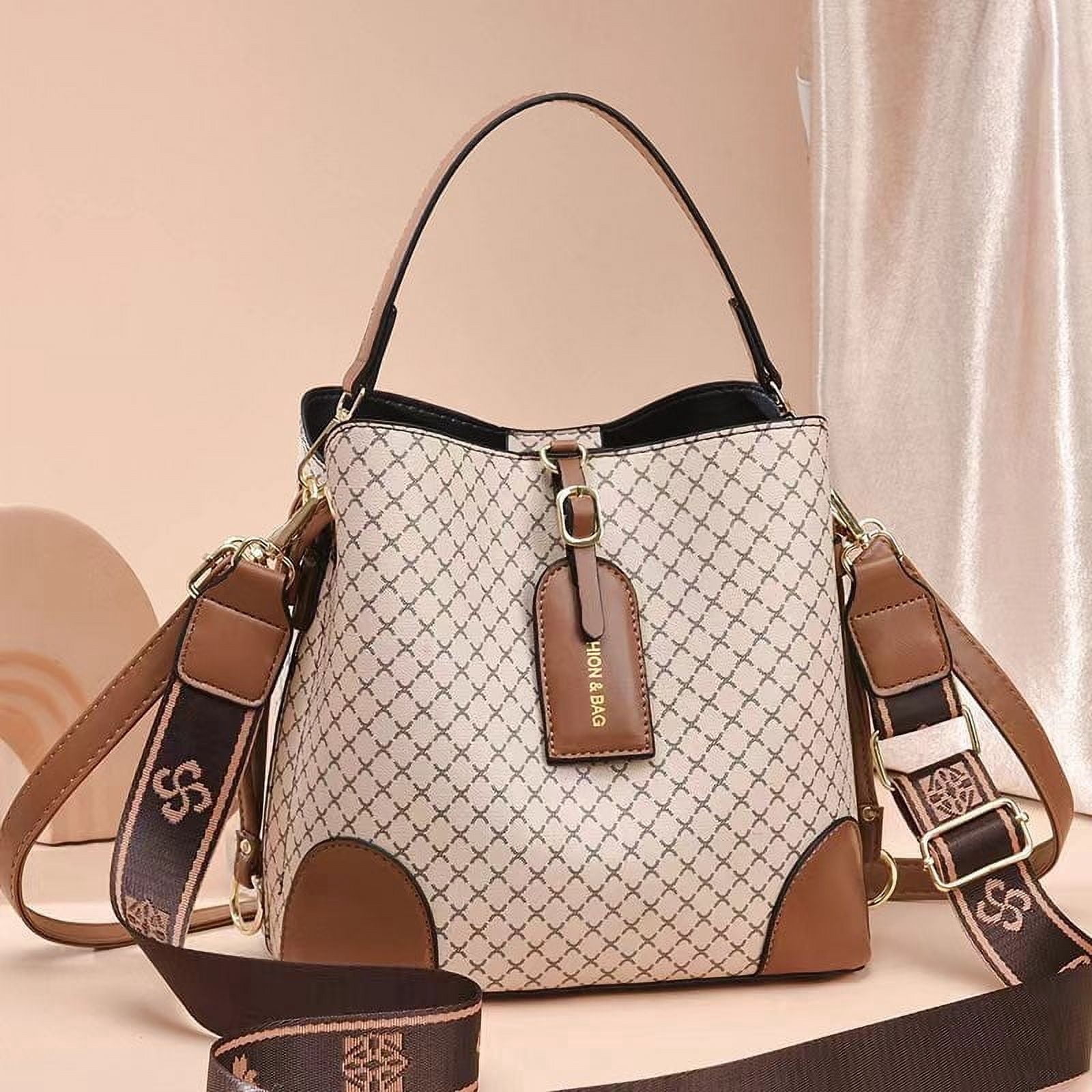 PORT&LOTUS Small Compact Leather Crossbody Bag for Women Classic Floral Bucket Bag for Women with Shoulder Strap Women's Top-handle Handbags with Adjustable Shoulder Strap
