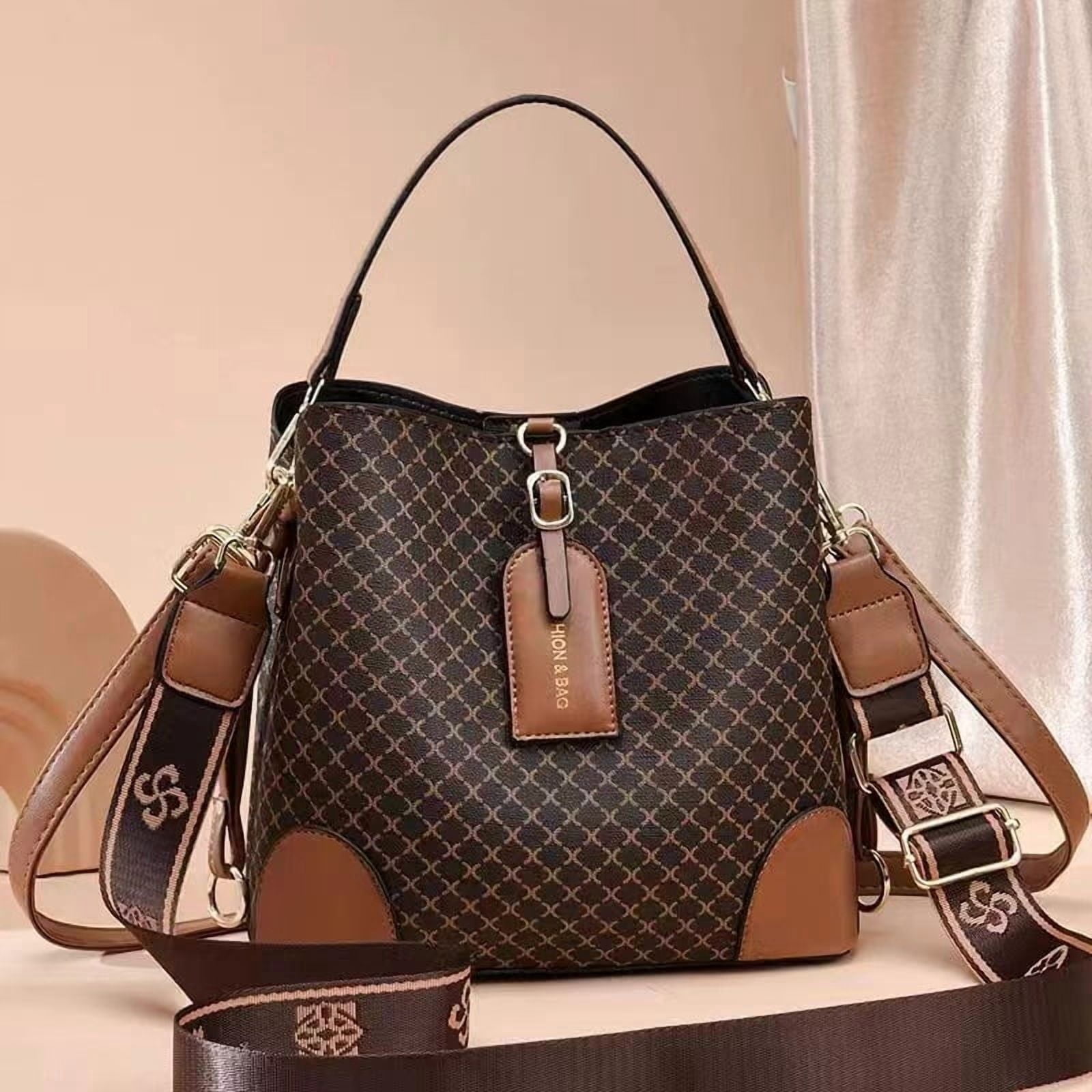 PORT&LOTUS Small Compact Leather Crossbody Bag for Women Classic Floral Bucket Bag for Women with Shoulder Strap Women's Top-handle Handbags with Adjustable Shoulder Strap