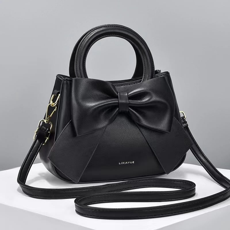 PORT&LOTUS Small Compact Leather Crossbody Bag for Women Sweet Style Handbag for Women with Shoulder Strap Women's Top-handle Handbags with Large Bow Decoration