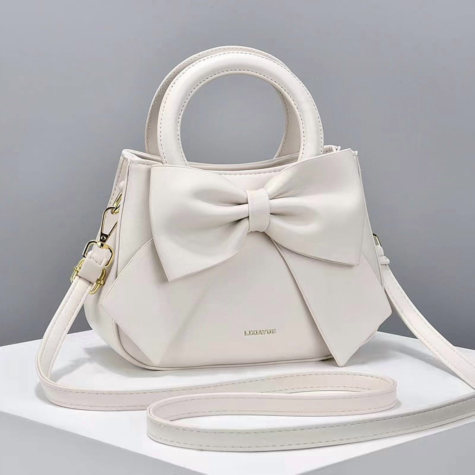 PORT&LOTUS Small Compact Leather Crossbody Bag for Women Sweet Style Handbag for Women with Shoulder Strap Women's Top-handle Handbags with Large Bow Decoration