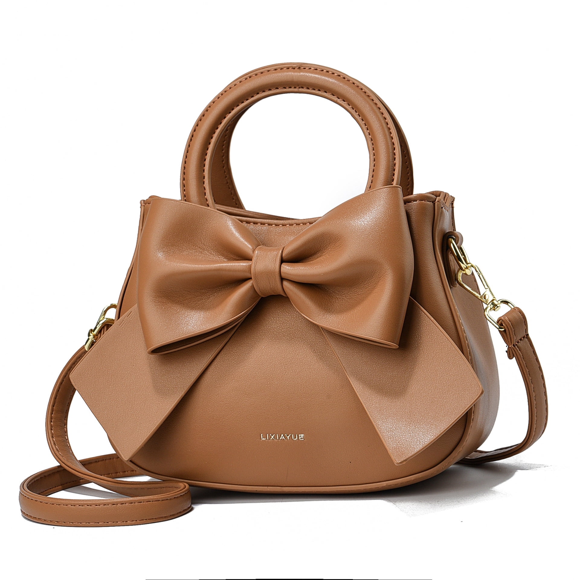 PORT&LOTUS Small Compact Leather Crossbody Bag for Women Sweet Style Handbag for Women with Shoulder Strap Women's Top-handle Handbags with Large Bow Decoration