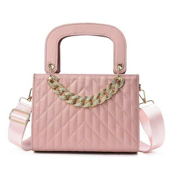 PORT&LOTUS Small Pink Quilted Double Top-Handle Bag Shoulder Bags for Women Fashion Design with  Prominent Gold Chain Decoration and Adjustable Crossbody Strp.