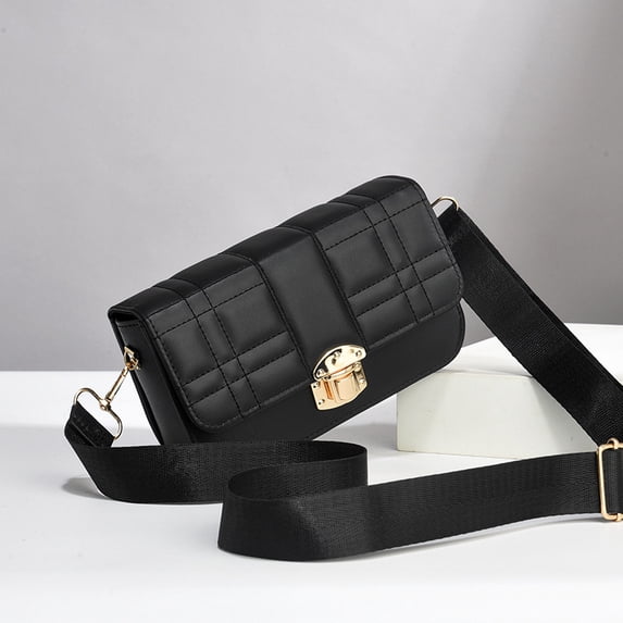PORT&LOTUS Stylish Small Diamond-Quilted Handbag with Crossbody Strap, Exquisite Metal Lock Closure and Wide Shoulder Belt