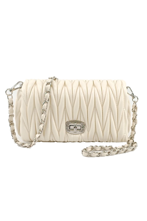 White Purse Quilted Crossbody Bags for Women Trendy with Silver Chain Strap Small Shoulder Purses with Woven Hand Carry Strap Clutch Purses for Women Ladies Evening Bag Party Handbags