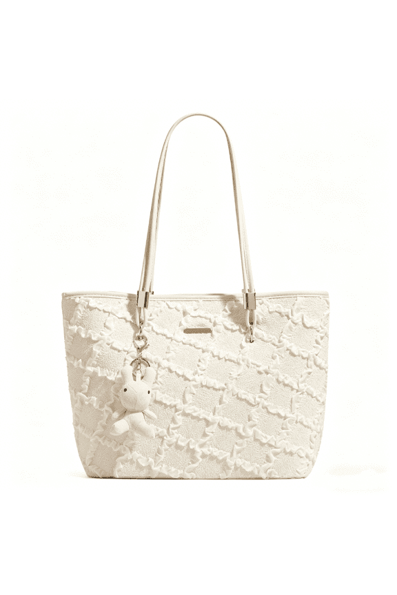 White Ruffled Faux Leather Tote Bag for Women bolsos de mujer Large Capacity Quilted Shoulder Handbag with Cute Bunny Charm Top Handle Purse for Daily Use