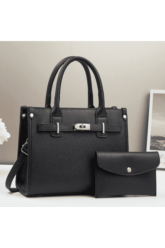 Women's 2 PCS Handbag Set PU Leather Top-handle Satchel with Clutch Wallet Shoulder Bag for Work & Daily Use