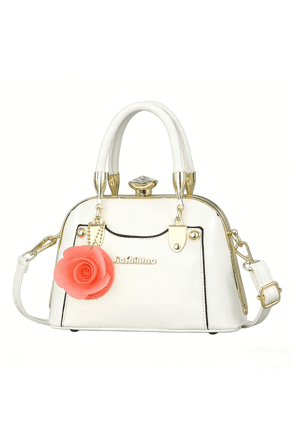 Women's Patent Leather Top Handle Satchel Bag - ElegantWhite Black Clutch Purse with Floral Accent Crossbody Shoulder Bag for Evening Party Wedding