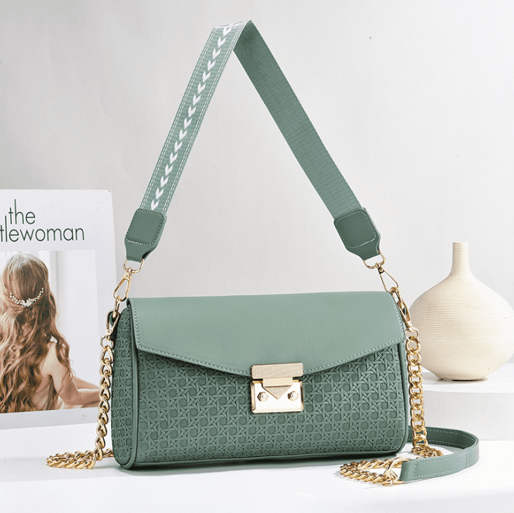 PORT&LOTUS Women's Crossbody Bag, Fashion Textured Faux Leather Shoulder Bag with Wide Adjustable Strap and Gold Chain, Trendy Flap Purse for Daily Wear