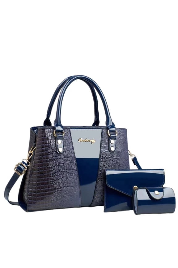 Women's Fashion Handbag Set 3 PCS Crocodile Pattern Top-handle Satchel with Clutch & Wristlet PU Leather Shoulder Bag for Work