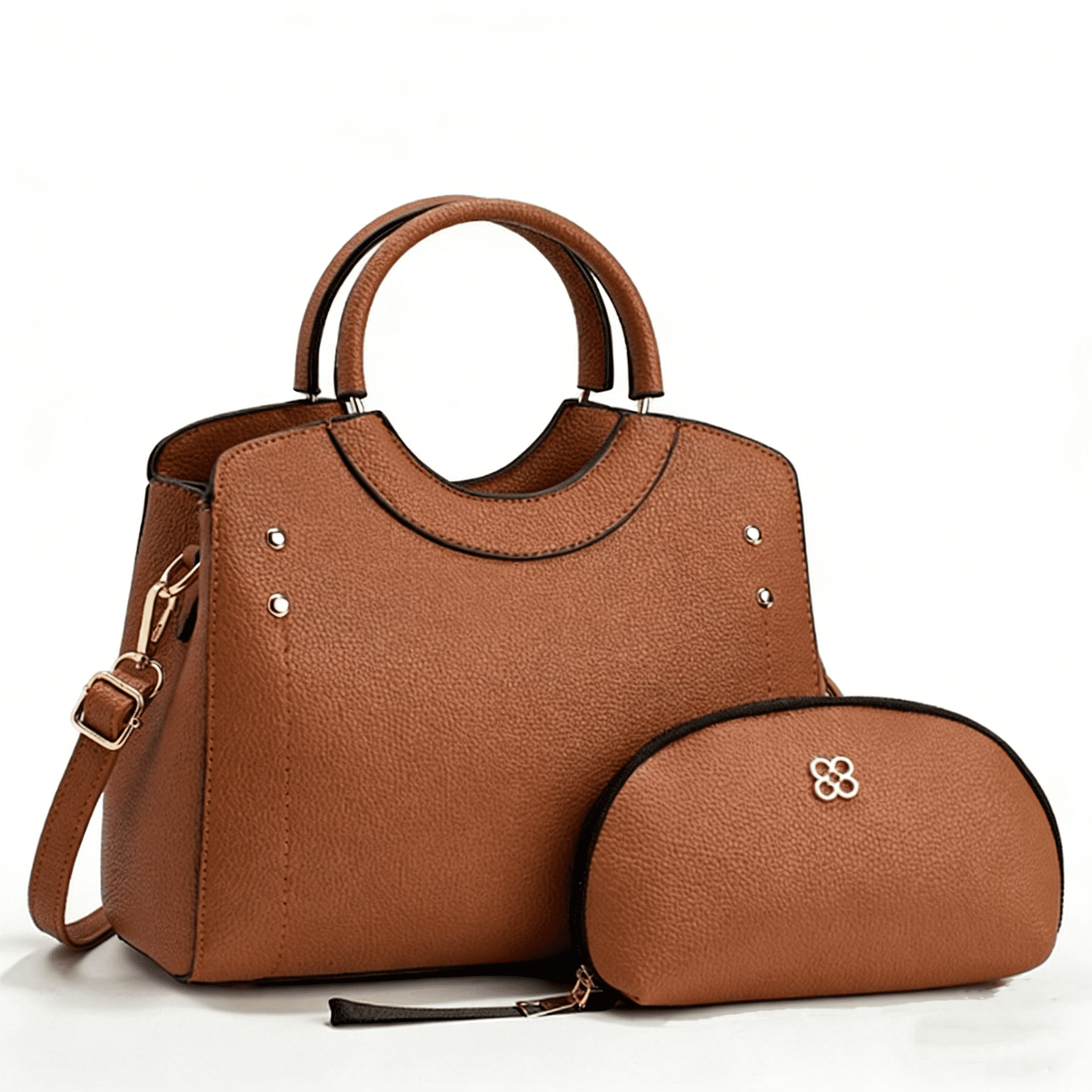 PORT&LOTUS Women's Fashion PU Leather Handbag Set - 2 Piece Top Handle Satchel with Wristlet Pouch, Classic Tote Bag for Work, Travel, and Everyday Use