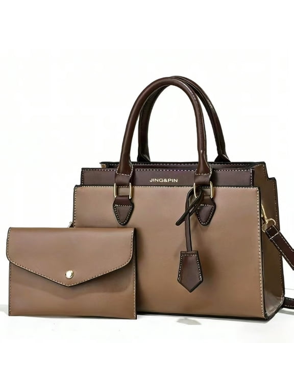 Women's Leather Handbag Set - 2pcs Top Handle Satchel with Clutch Purse, Designer Crossbody Bag for Work & Everyday Use