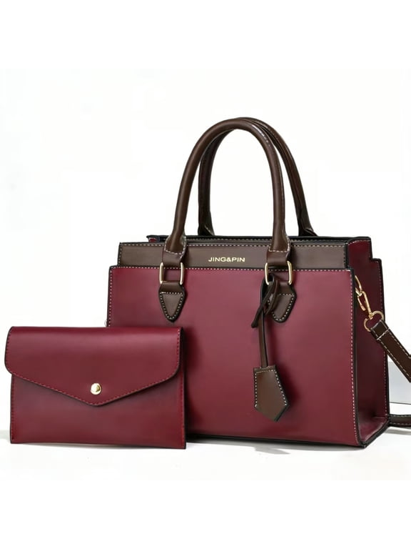 Women's Leather Handbag Set - 2pcs Top Handle Satchel with Clutch Purse, Designer Crossbody Bag for Work & Everyday Use