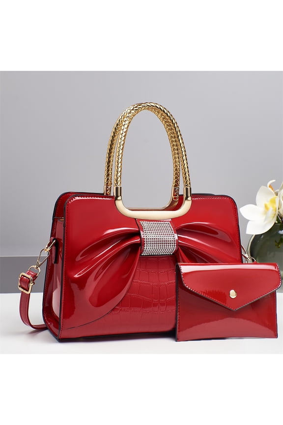 Women's Patent Leather Satchel Bag - Red Rhinestone Bow Top Handle Handbag with Detachable Wristlet Crocodile Pattern Crossbody Purse for Wedding Party Evening