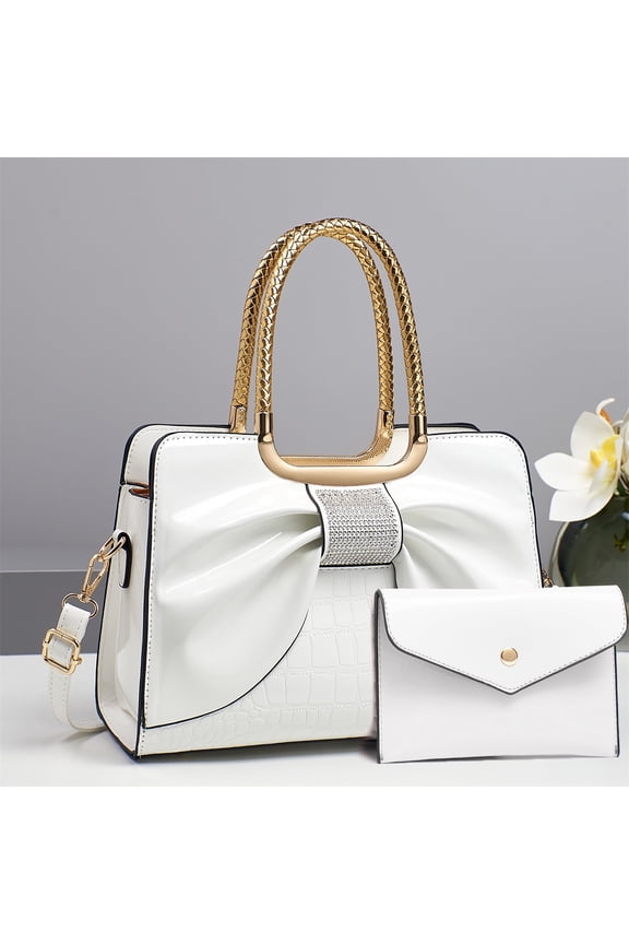 Women's Patent Leather Satchel Bag - White Rhinestone Bow Top Handle Handbag with Detachable Wristlet Crocodile Pattern Crossbody Purse for Wedding Party Evening