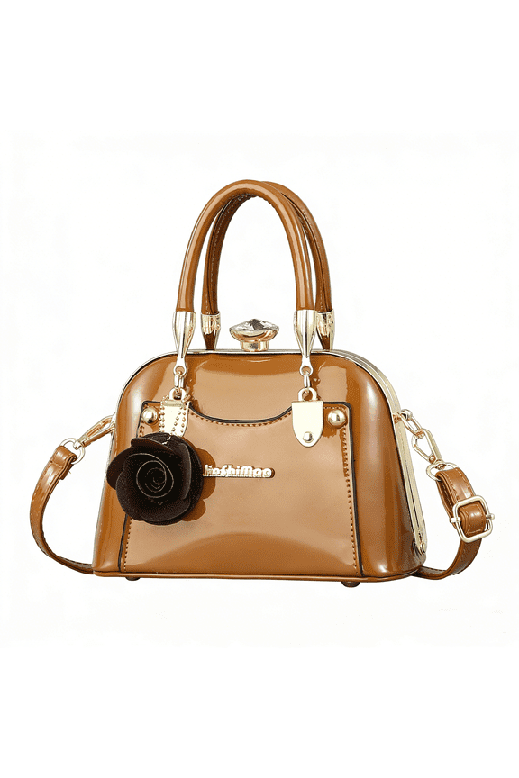 Women's Patent Leather Top Handle Satchel Bag - Elegant Brown Clutch Purse with Floral Accent Crossbody Shoulder Bag for Evening Party Wedding