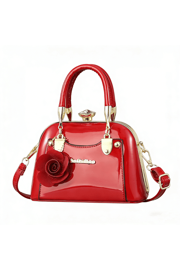 Women's Patent Leather Top Handle Satchel Bag - Elegant Red Clutch Purse with Floral Accent Crossbody Shoulder Bag for Evening Party Wedding