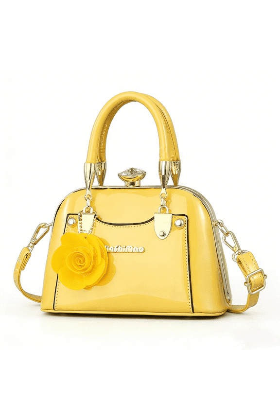 Women's Patent Leather Top Handle Satchel Bag - Elegant Yellow Clutch Purse with Floral Accent Crossbody Shoulder Bag for Evening Party Wedding