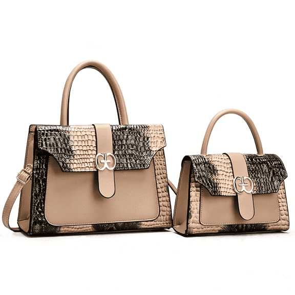 PORT&LOTUS Women 2 Sizes Handbag Set Khaki Croc Embossed Top Handle Satchel Purse with Inner Zipper for Work Daily Use