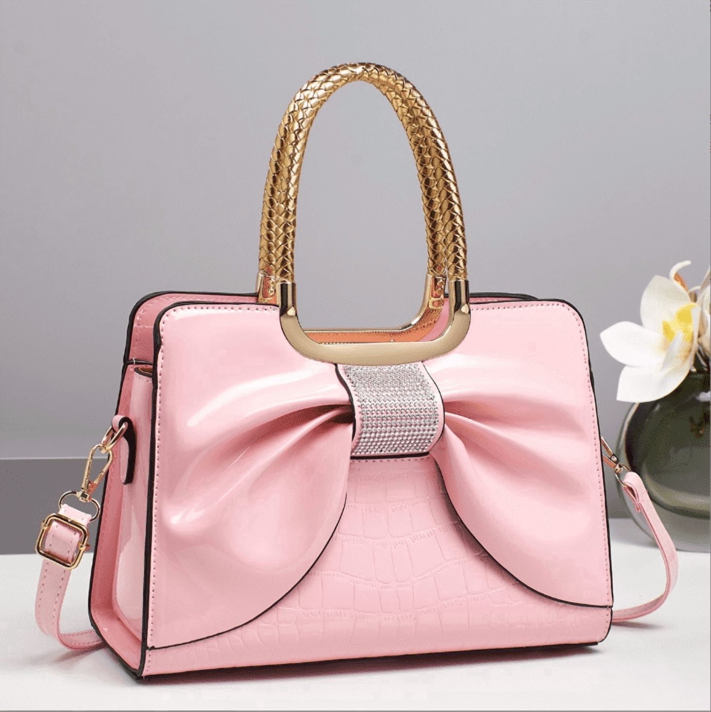 PORT&LOTUSWomen's Glossy Pink Patent Leather Tote Bag with Bow & Rhinestone Detail, Gold-Tone Braided Handles, Convertible Crossbody Strap
