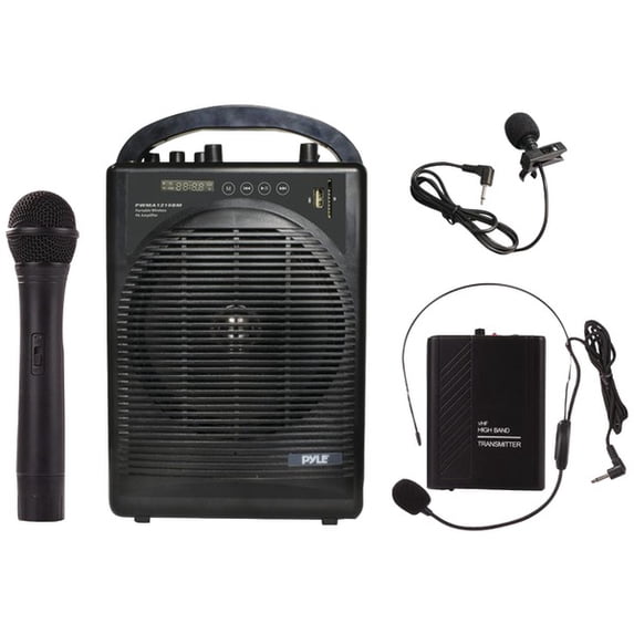PYLE PWMA1216BM - Portable PA Speaker Amplifier & Microphone System, Bluetooth Wireless Streaming, Built-in Rechargeable Battery, Accessory Kit (Includes Handheld Mic, Headset Mic, Lavalier Mic, Belt