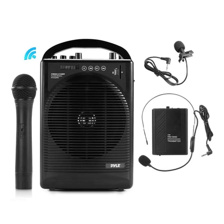 PYLE PWMA1216BM - Portable PA Speaker Amplifier & Microphone System, Bluetooth Wireless Streaming, Built-in Rechargeable Battery, Accessory Kit (Includes Handheld Mic, Headset Mic, Lavalier Mic, Belt