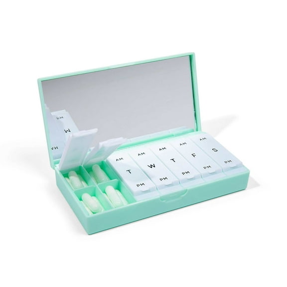 PORT X POLISH Weekly Pill Organizer AM/PM 2X Daily, Compact Travel Pill Box with Matte Finish, Mint
