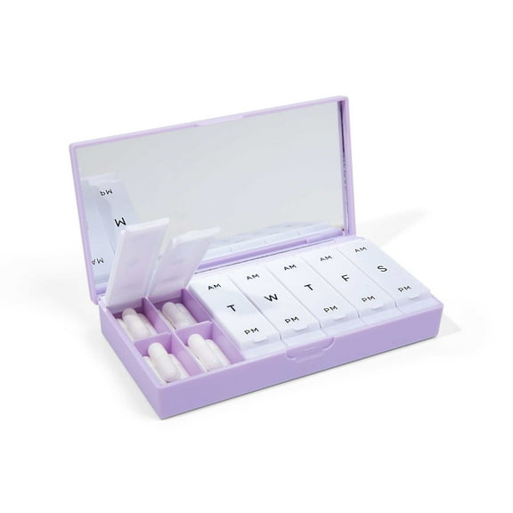 PORT X POLISH Weekly Pill Organizer AM/PM 2X Daily, Modern 7-Day Medication Case with Removable Tabs, Lilac