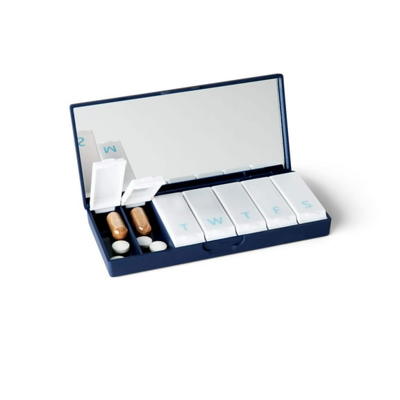 PORT X POLISH Weekly Pill Organizer Single 1X Daily, Compact Travel Pillbox for Vitamins & Supplements, Navy