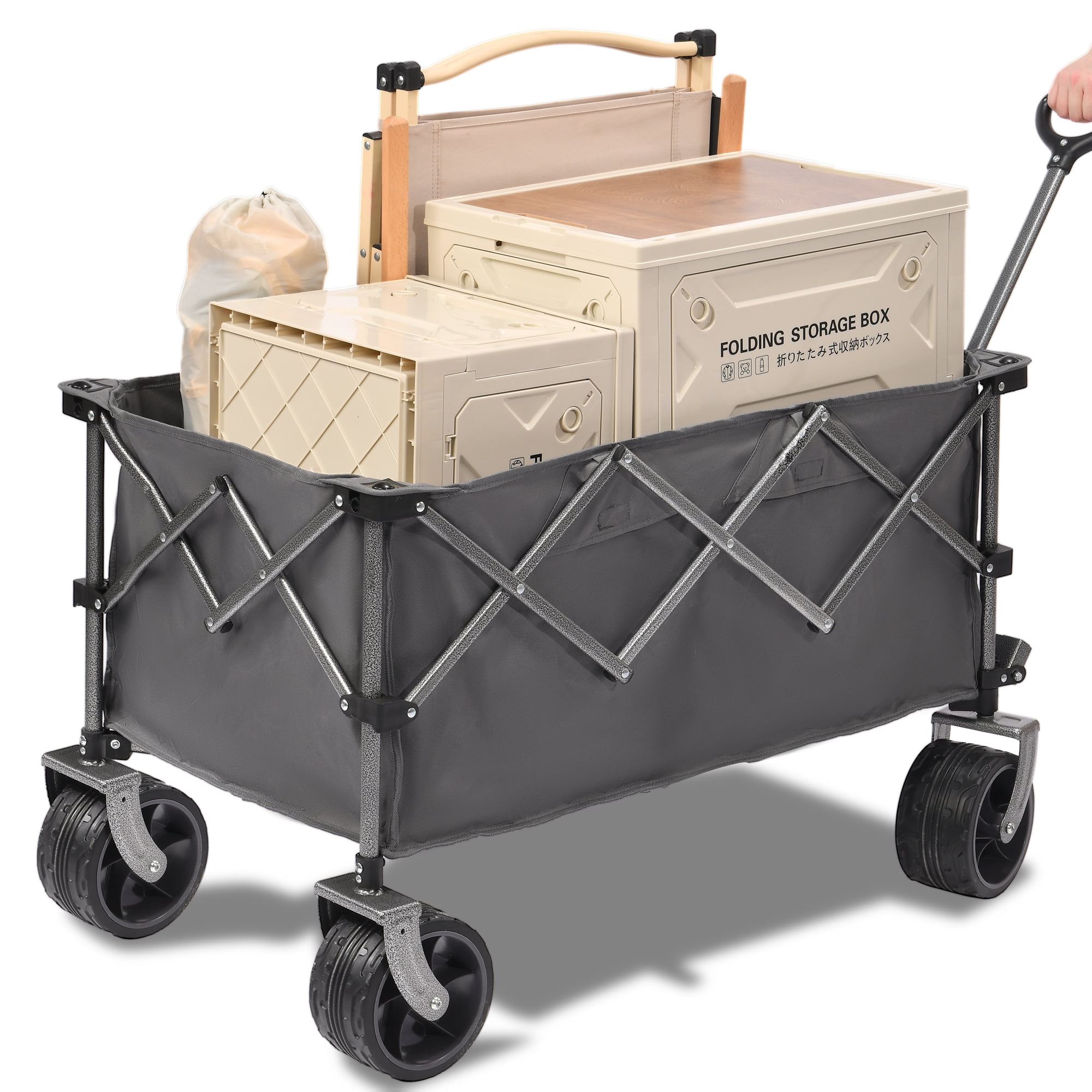 PORTABLE 400L Collapsible Wagon, Folding Wagon Cart , Beach Wagon with Big Wheels, 450LB Heavy Duty Foldable Wagon, Large Capacity Wagon for Camping, Sports, Garden, Baseball
