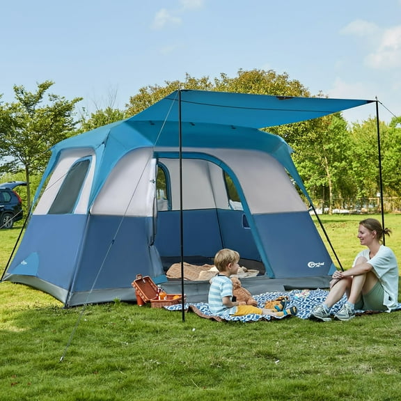PORTAL 6 Person Camping Tent with Porch, Family Camping Tent with Tall Height, Water Resitant Large Tent for Camping, Backyard, Blue