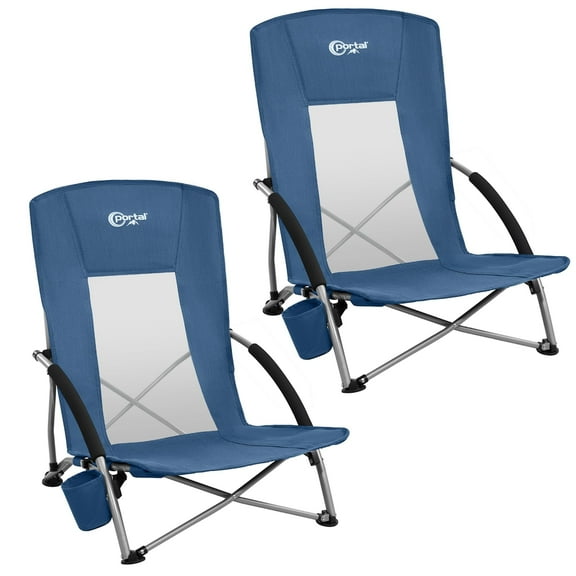 PORTAL Beach Chairs for Adults Outdoor Camping Use Low Lightweight Portable Chair with Cup Holder Mesh Back Carry Bag for Sand Lawn Travel Picnic Festival Concert 350LBS