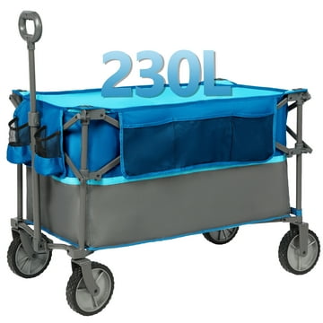 PORTAL Collapsible Folding Garden Wagon Utility Cart with Wheels, Cup Holder and Side Pocket, Blue