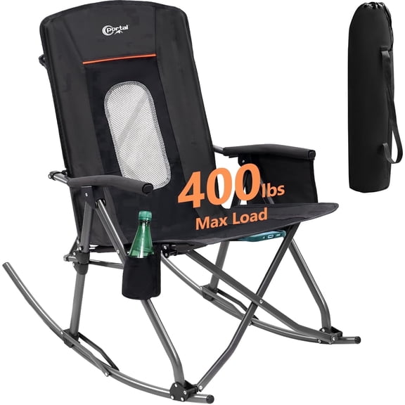 PORTAL Folding Camping Rocking Chair, Portable Outdoor Rocker with Mesh High Back, Supports 400 lbs, Black