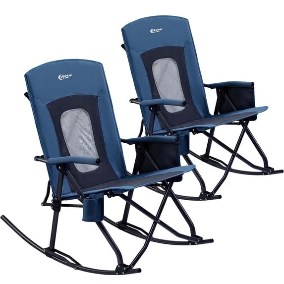 PORTAL Folding Camping Rocking Chair, Portable Outdoor Rocker with Mesh High Back, Supports 400 lbs, Blue, Set of 2