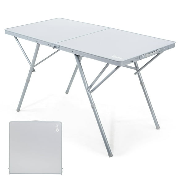 PORTAL Folding Camping Table for 4-6 Person, Large Aluminum Portable Table with Adjustable Height and Carry Handle for Picnic, BBQ, Camping, Silver