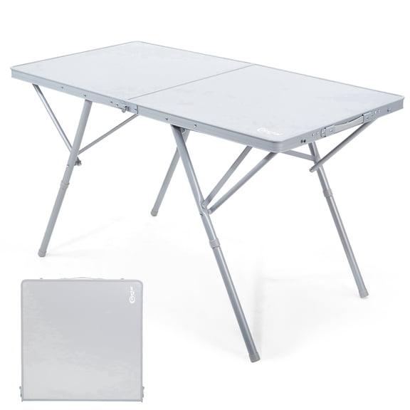 PORTAL Folding Camping Table for 4-6 Person, Large Aluminum Portable Table with Adjustable Height and Carry Handle for Picnic, BBQ, Camping, Silver