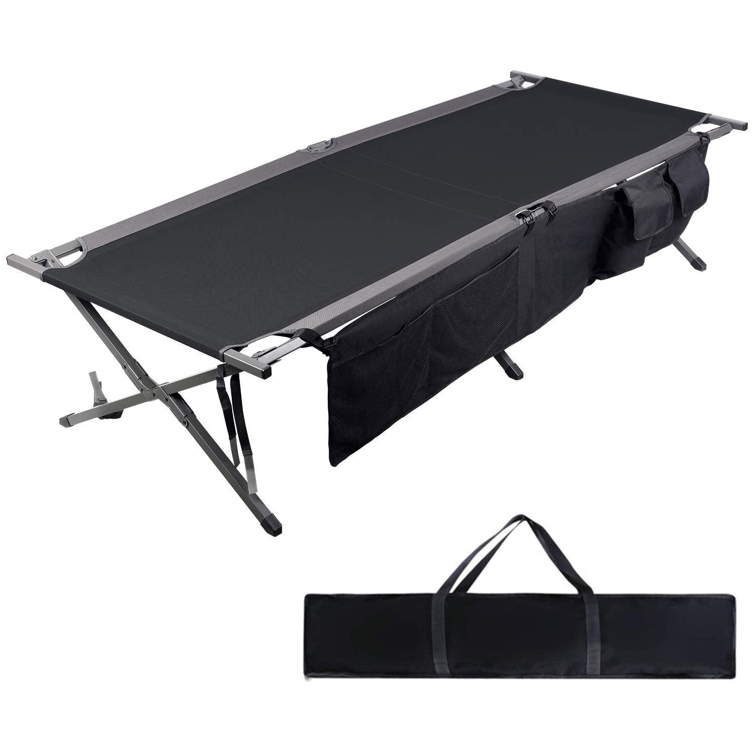 Black Steel Folding Portable Camping Cot with Storage Organizer
