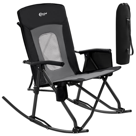 PORTAL Oversized Folding Camping Rocking Chair Portable Outdoor Rocker High Back with Hard Armrests Carry Bag Included Supports 400 lbs Mesh Back, Black