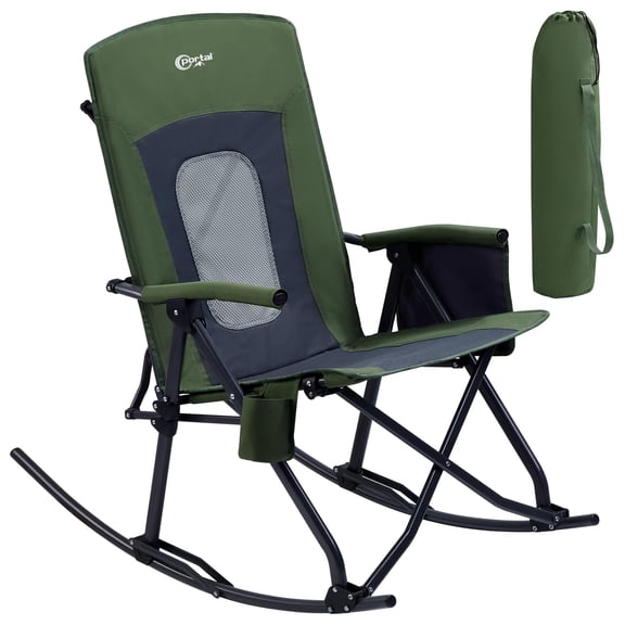 PORTAL Oversized Folding Camping Rocking Chair Portable Outdoor Rocker High Back with Hard Armrests Carry Bag Included Supports 400 lbs Mesh Back, Green