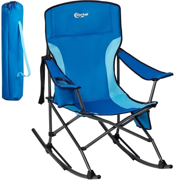 PORTAL Rocking Camping Chair, Portable Folding Rocker for Outdoor with Cup Holder Side Pocket and Carry Bag, Supports 300LBS, Blue