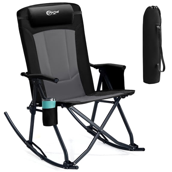 PORTAL Rocking Camping Chair, Portable Folding Rocker for Outdoor with Cup Holder Side Pocket and Carry Bag, Supports 400LBS, Black