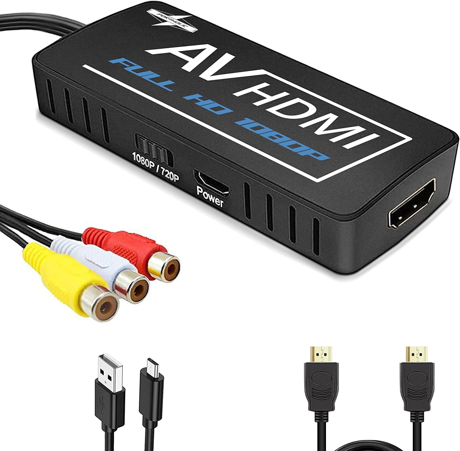 PORTHOLIC RCA to HDMI Converter, Composite to HDMI Converter, AV to HDMI Adapter Support 1080P PAL/NTSC with RCA & HDMI Cable, Compatible with PS one, PS2, PS3, STB, N64, Xbox, VHS, Blue-Ray DVD