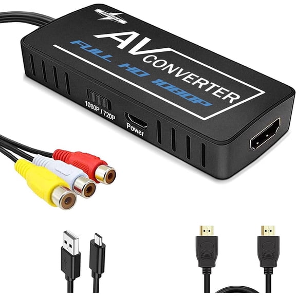 PORTHOLIC RCA to HDMI Converter, Composite to HDMI Converter, AV to HDMI Adapter Support 1080P PAL/NTSC with RCA & HDMI Cable, Compatible with STB, N64, Xbox, VHS, Blue-Ray DVD