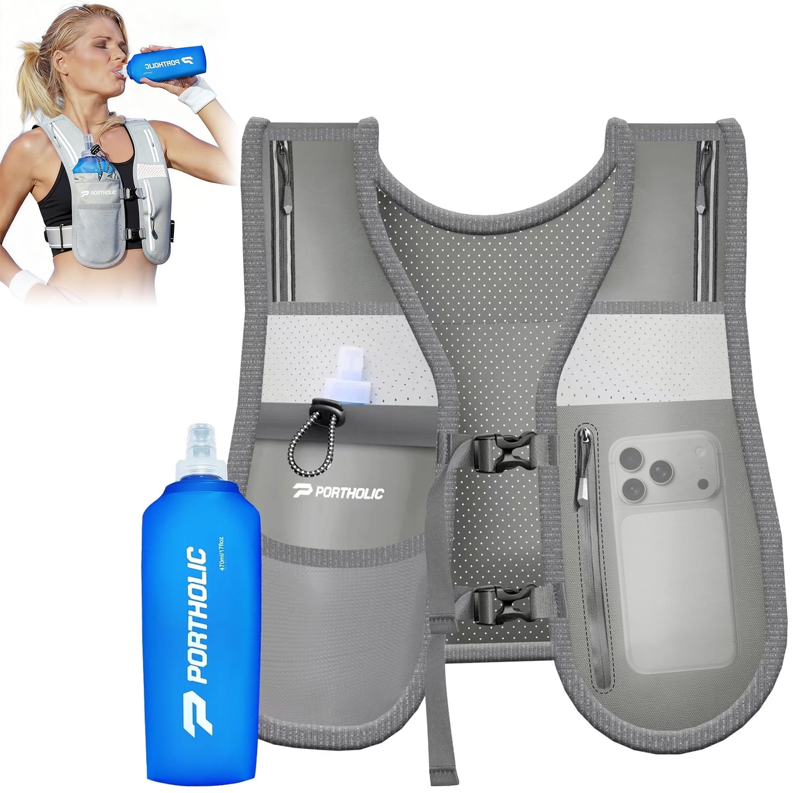 PORTHOLIC Running Vest for Women Men with 500ml/17oz Water Bottle |Adjustable Hydration Vest|Reflective |Lightweight |6 Pockets |Breathablefor Running Accessories for Hiking Running (Gray,Large)