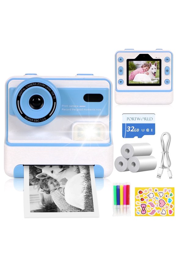 Kids Instant Print Camera 48MP 1080P Video, 2.4 Inch IPS Screen 10X Zoom Dual Lens Camera with 32GB Card, Creative Gift for Ages 4-10