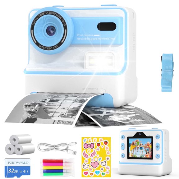 PORTWORLD Thermal Print Digital Camera 1080P 10X Digital Zoom Type-C 32GB Card 3 Paper Rolls 5 Pens