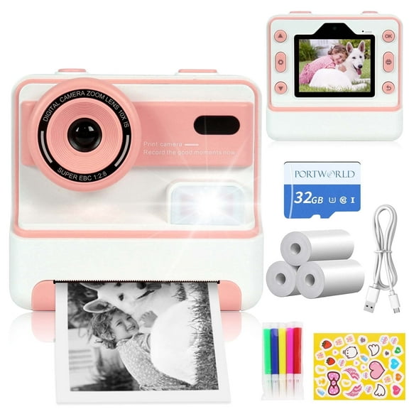 PORTWORLD Kids Camera 3-Roll Instant Print - 2.4 Inch IPS Screen, Flash, 32G Memory Card, Perfect Christmas or Birthday Gift with Instant Printing and Sharing Fun Pink 1